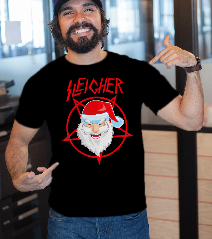 Sleigher Santa Claus Metal Christmas Coo Pentagram Santa Hat T-Shirt
