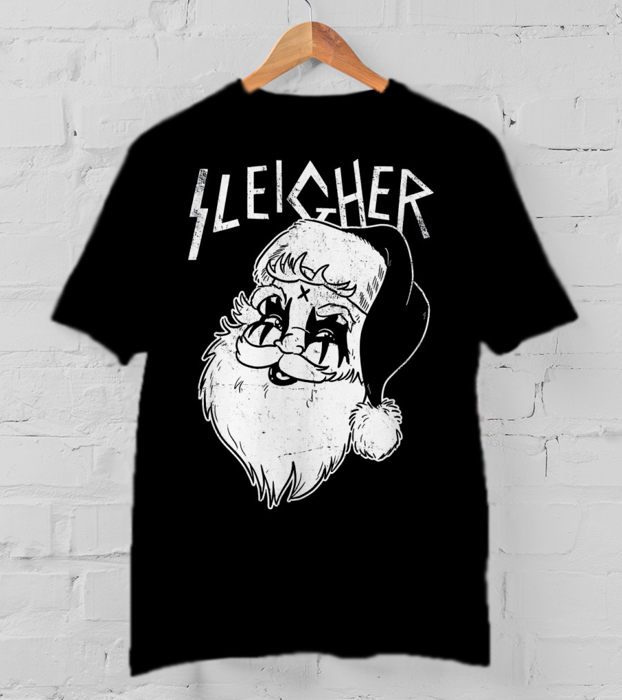 Sleigher Funny Christmas Black Metal Santa T-Shirt