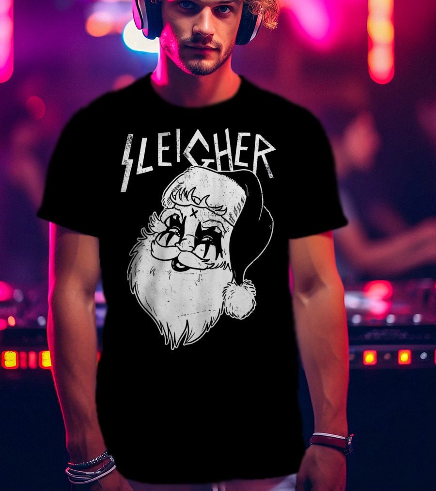 Sleigher Funny Christmas Black Metal Santa T-Shirt