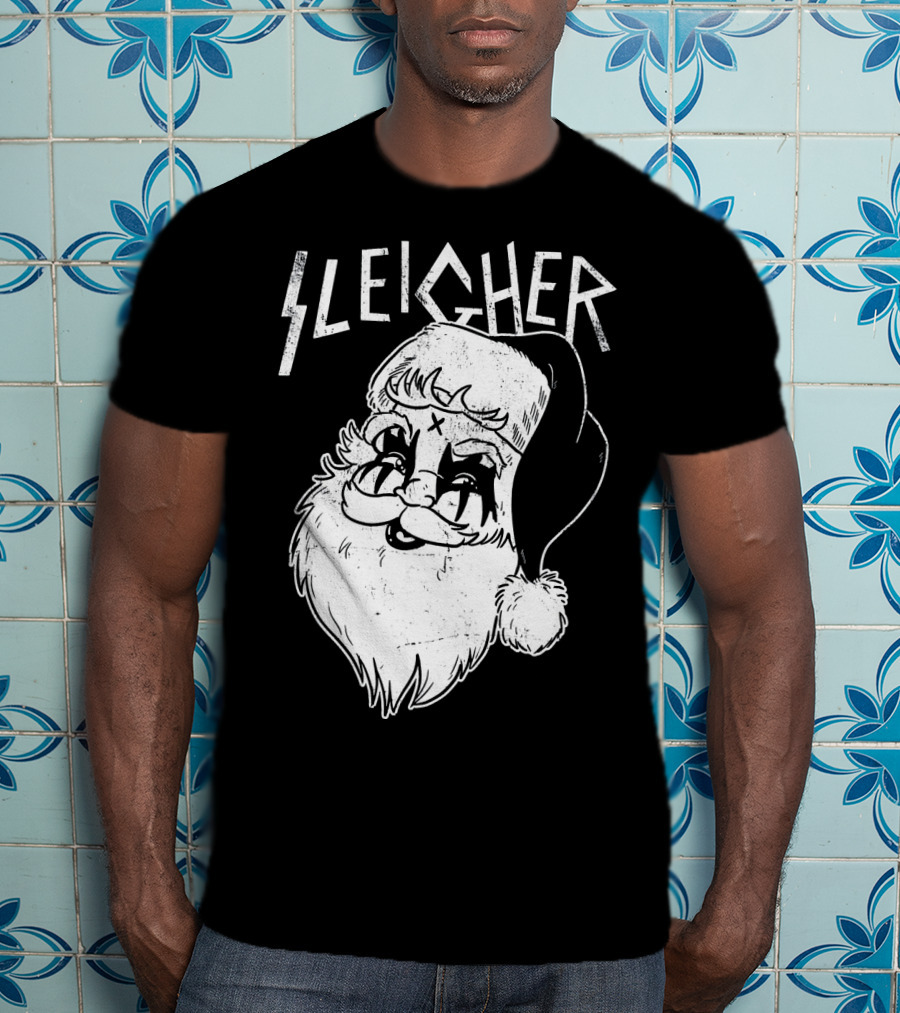 Sleigher Funny Christmas Black Metal Santa T-Shirt