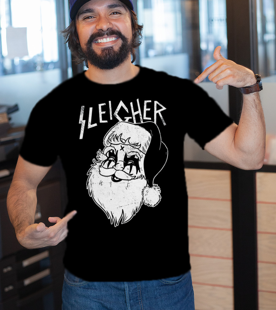 Sleigher Funny Christmas Black Metal Santa T-Shirt