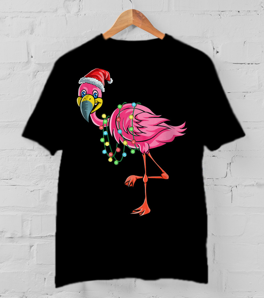 Christmas Flamingo Santa Hat Festive Lights Fun T-Shirt