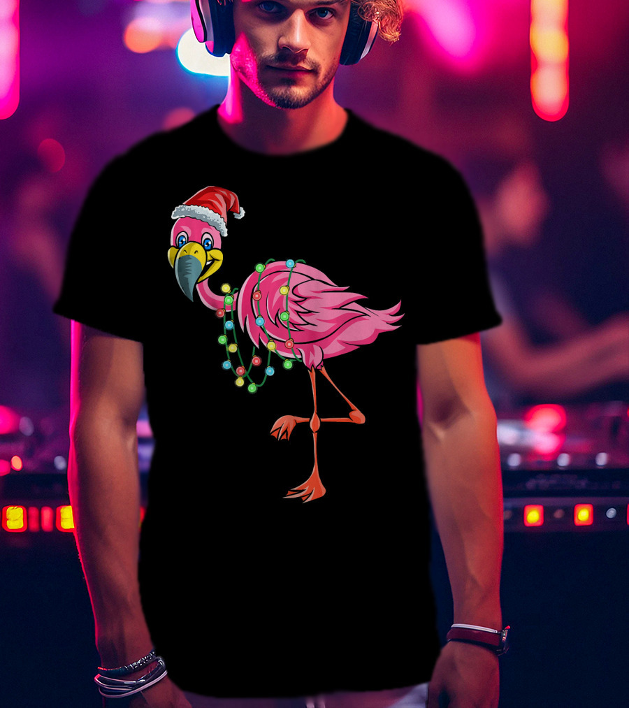 Christmas Flamingo Santa Hat Festive Lights Fun T-Shirt