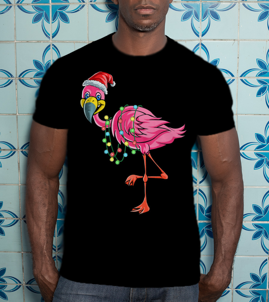 Christmas Flamingo Santa Hat Festive Lights Fun T-Shirt