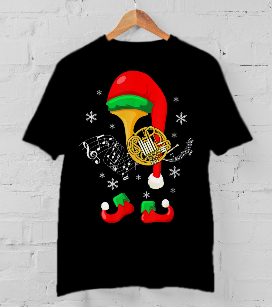 Elf French Horn Music With Christmas Hat And Shoes T-Shirt