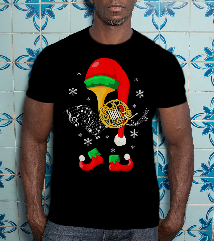 Elf French Horn Music With Christmas Hat And Shoes T-Shirt