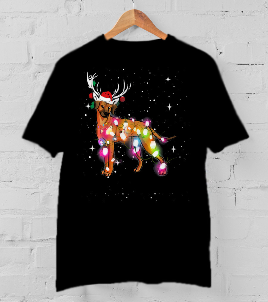 Christmas Lights Rhodesian Ridgeback Dog With Antlers Santa Hat T-Shirt