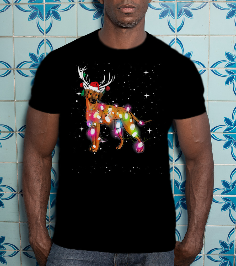 Christmas Lights Rhodesian Ridgeback Dog With Antlers Santa Hat T-Shirt