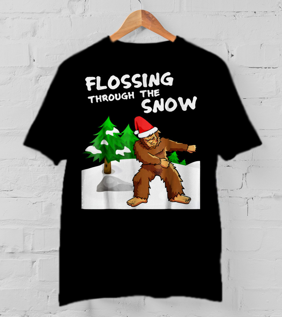 Flossing Through The Snow Bigfoot Santa Hat Winter Scene T-Shirt