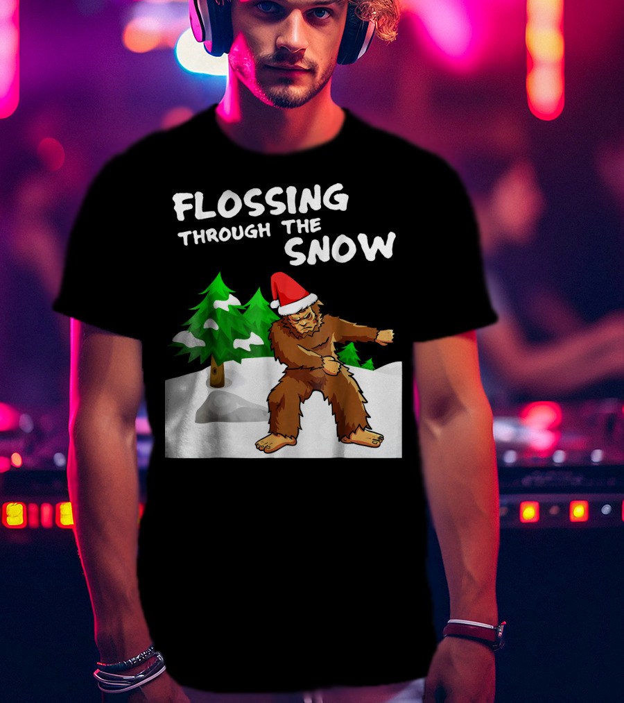 Flossing Through The Snow Bigfoot Santa Hat Winter Scene T-Shirt