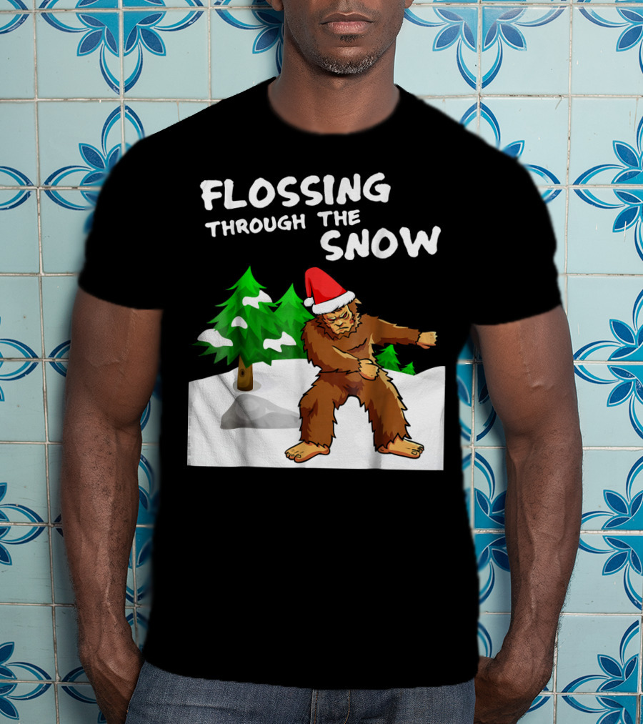 Flossing Through The Snow Bigfoot Santa Hat Winter Scene T-Shirt