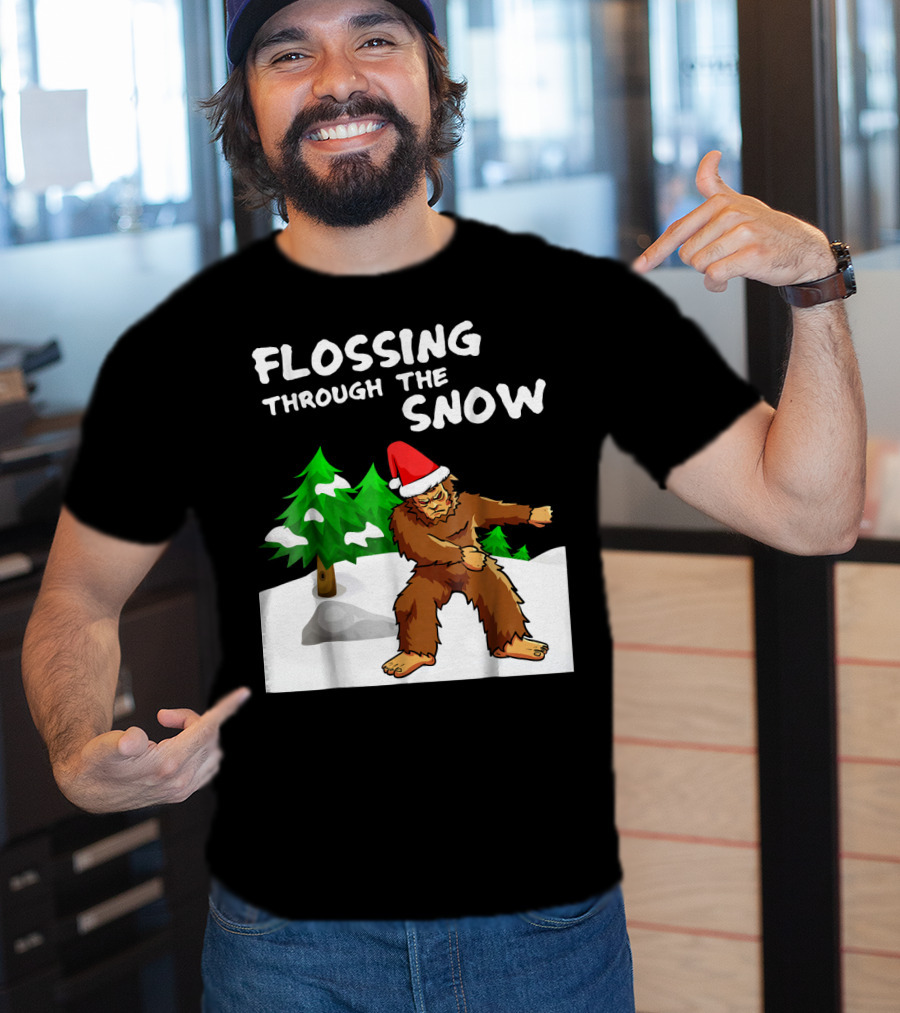 Flossing Through The Snow Bigfoot Santa Hat Winter Scene T-Shirt