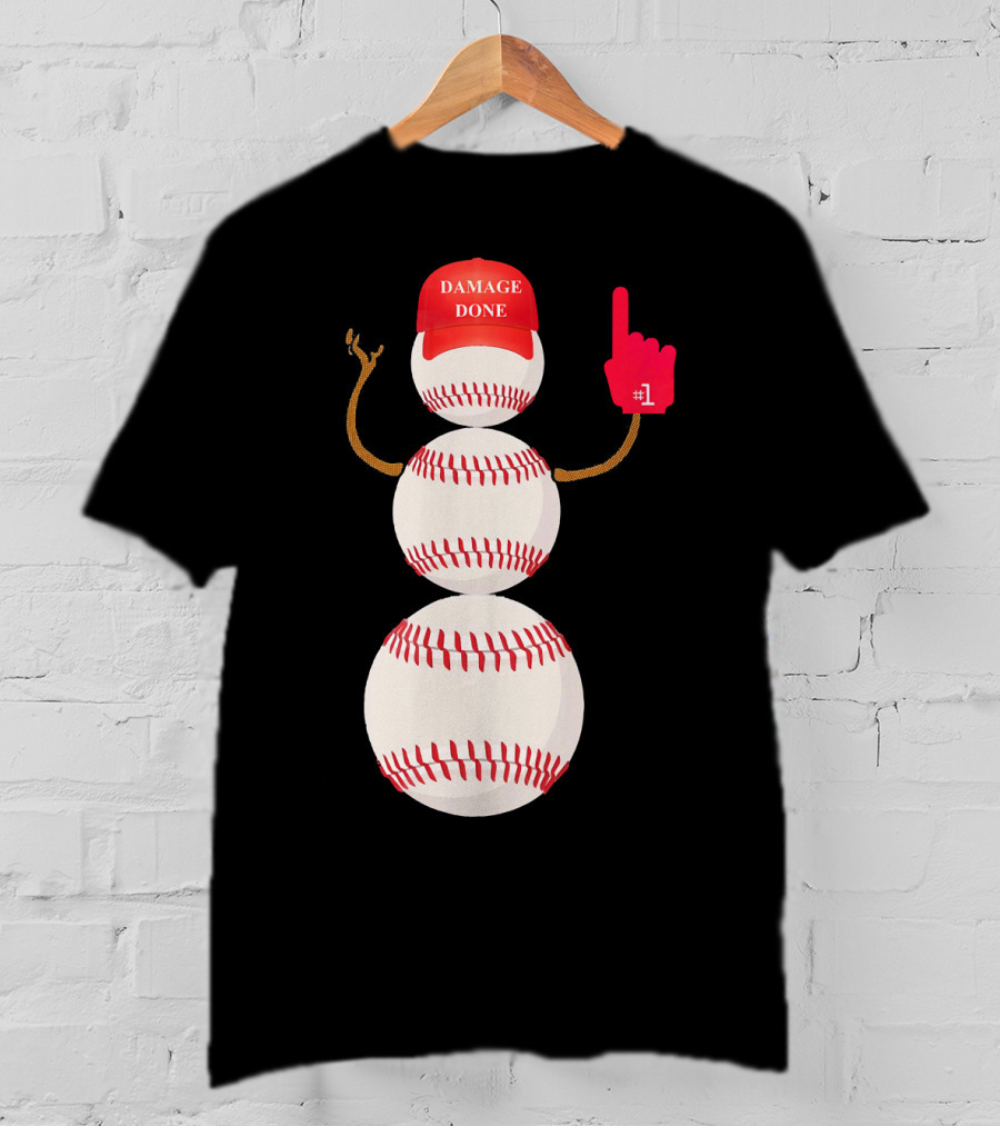 Damage Done Baseball Snowman With Red Cap And Foam Finger T-Shirt
