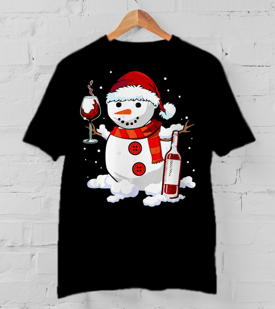 Snowman With Santa Hat And Scarf Holding Wine Glass And Bottle Christmas Drinking T-Shirt