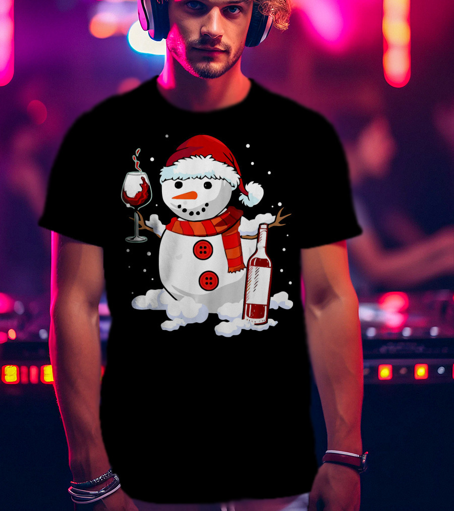 Snowman With Santa Hat And Scarf Holding Wine Glass And Bottle Christmas Drinking T-Shirt