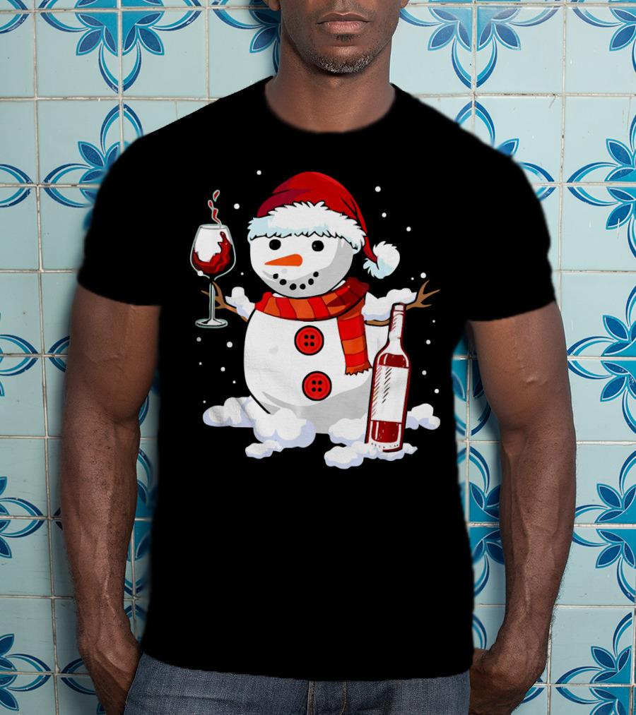 Snowman With Santa Hat And Scarf Holding Wine Glass And Bottle Christmas Drinking T-Shirt