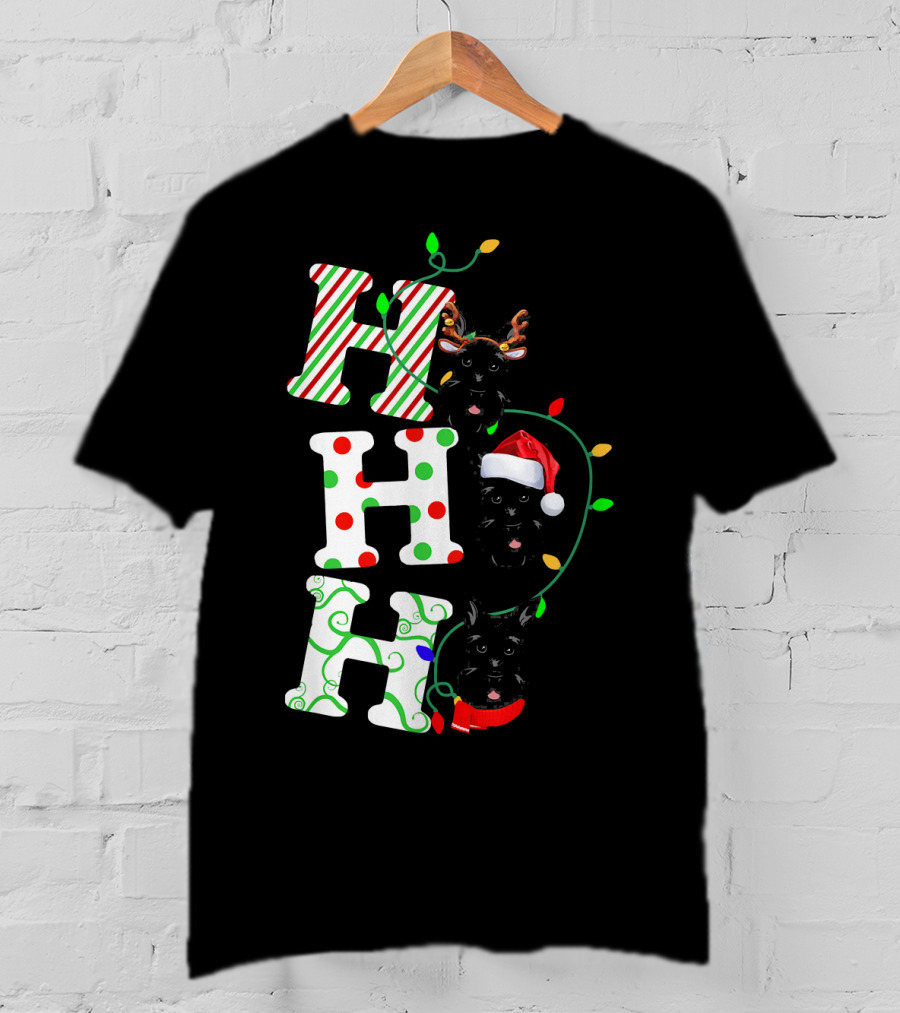 Scottish Terrier Ho Ho Ho Christmas Lights Santa Hat And Antlers T-Shirt