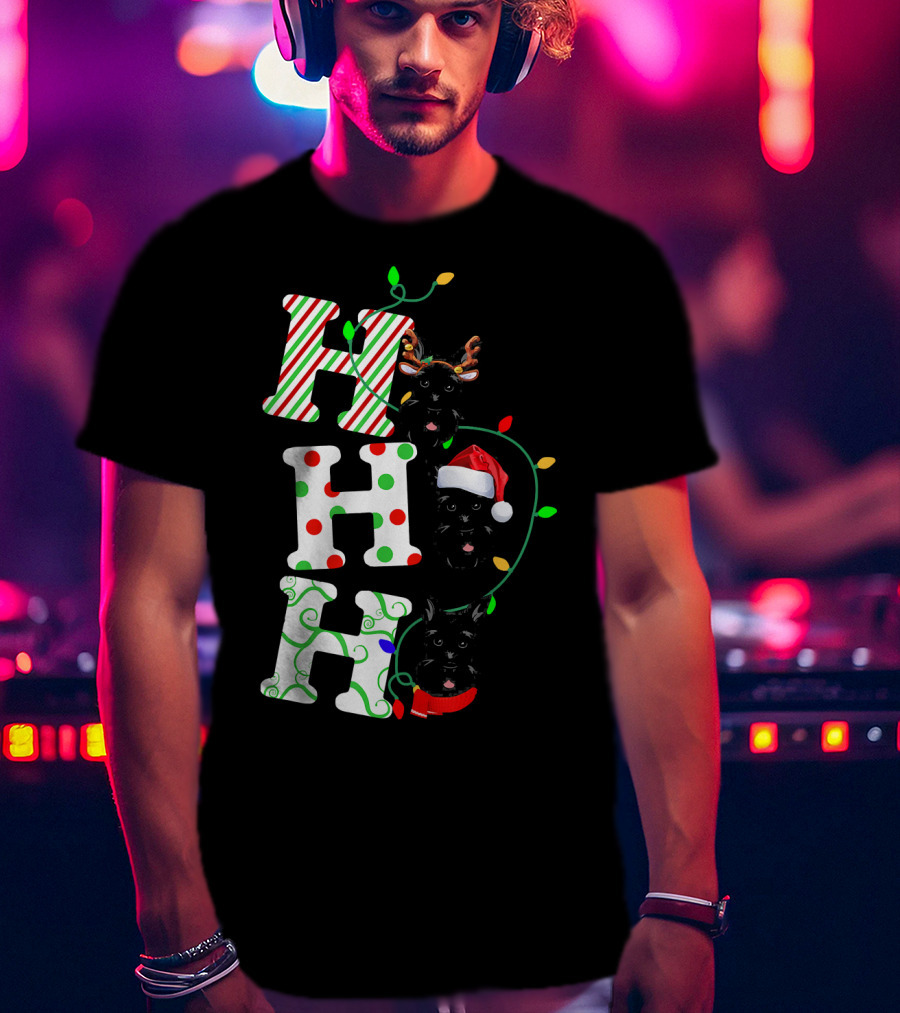 Scottish Terrier Ho Ho Ho Christmas Lights Santa Hat And Antlers T-Shirt