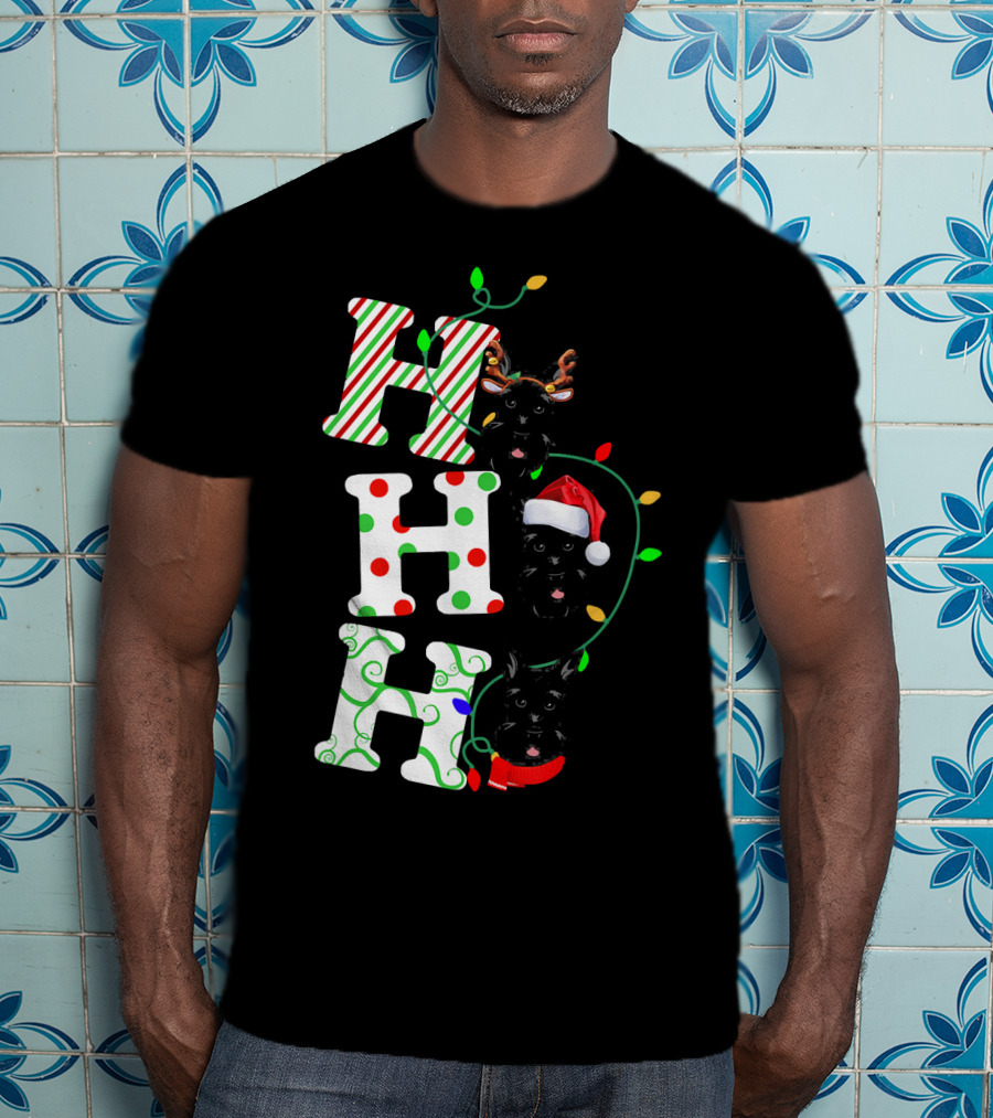 Scottish Terrier Ho Ho Ho Christmas Lights Santa Hat And Antlers T-Shirt