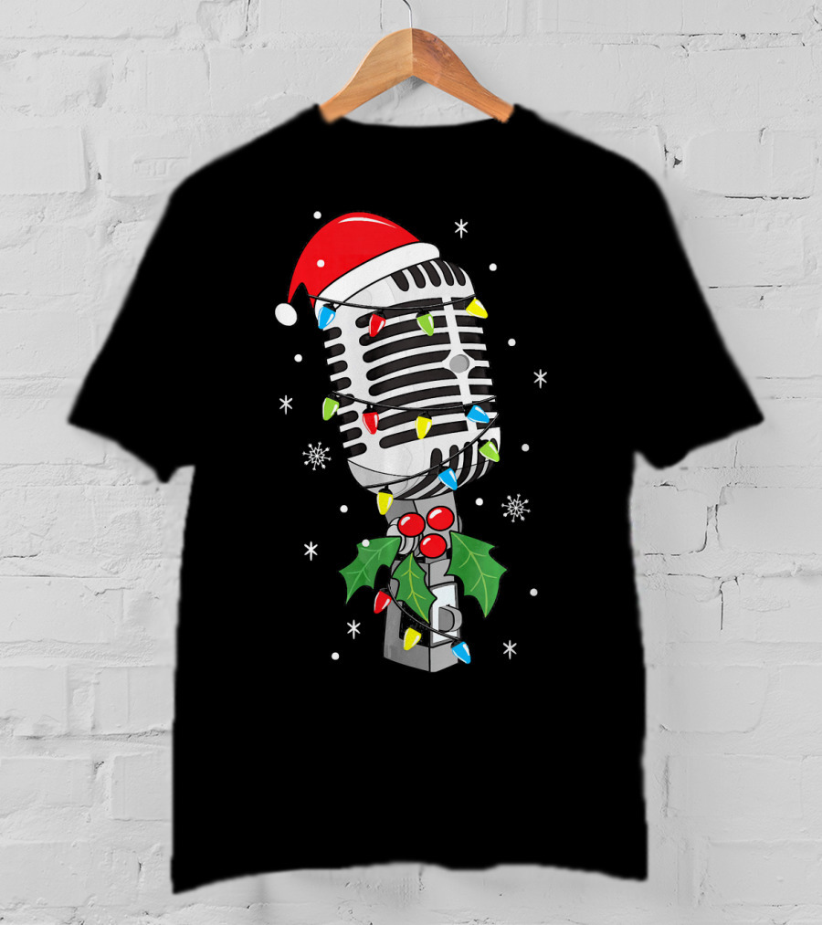 Retro Microphone With Santa Hat And Holiday Lights T-Shirt
