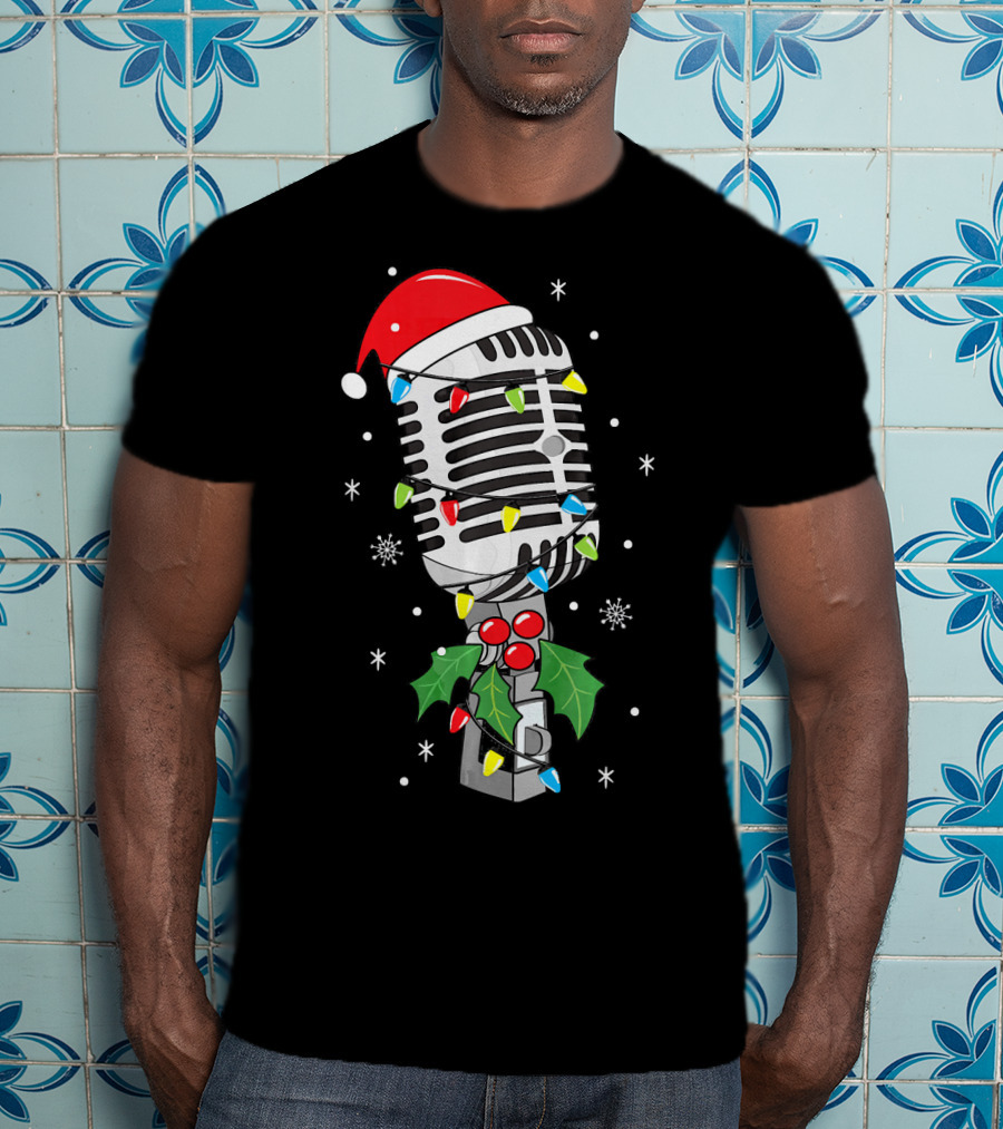 Retro Microphone With Santa Hat And Holiday Lights T-Shirt