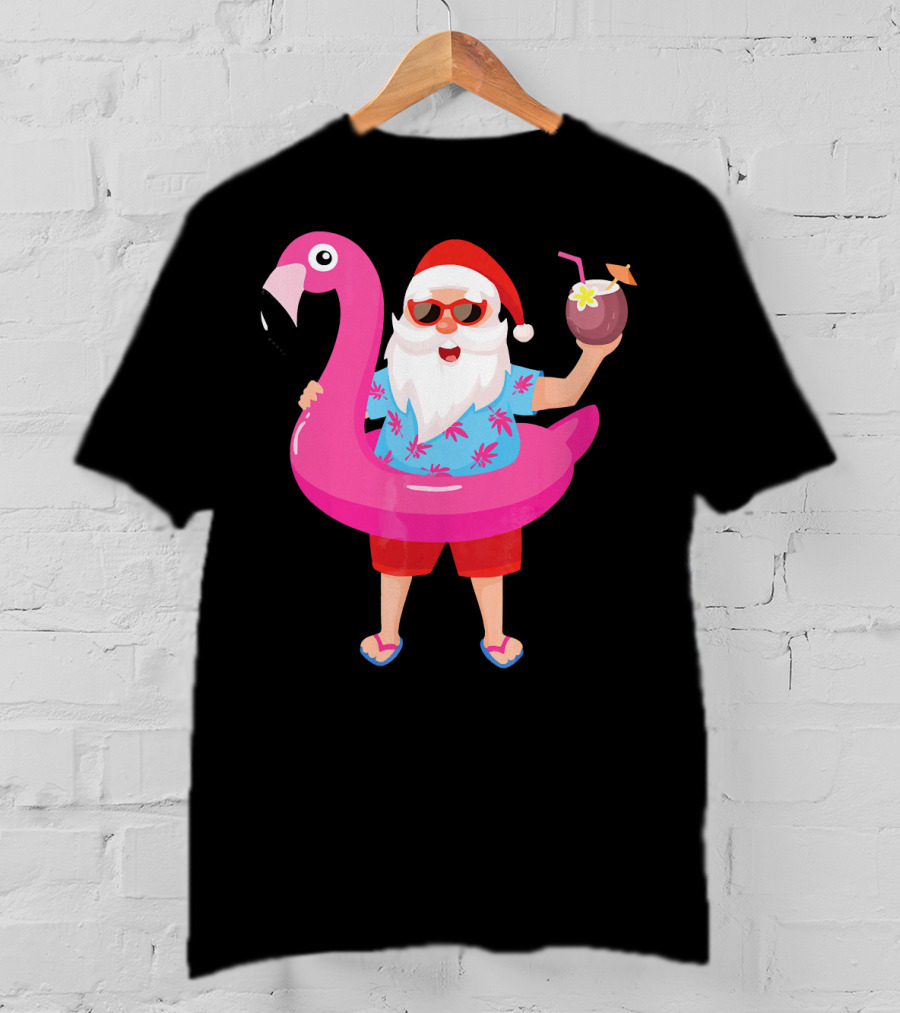 Funny Santa Claus With Flamingo And Tropical Drink T-Shirt