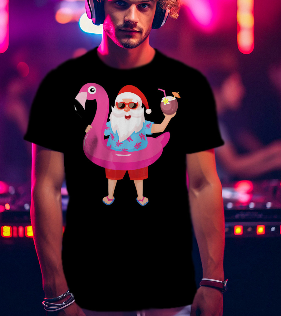 Funny Santa Claus With Flamingo And Tropical Drink T-Shirt