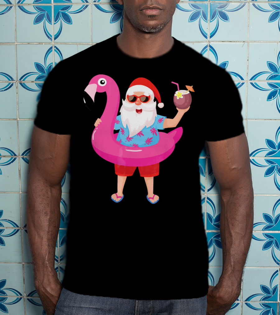 Funny Santa Claus With Flamingo And Tropical Drink T-Shirt