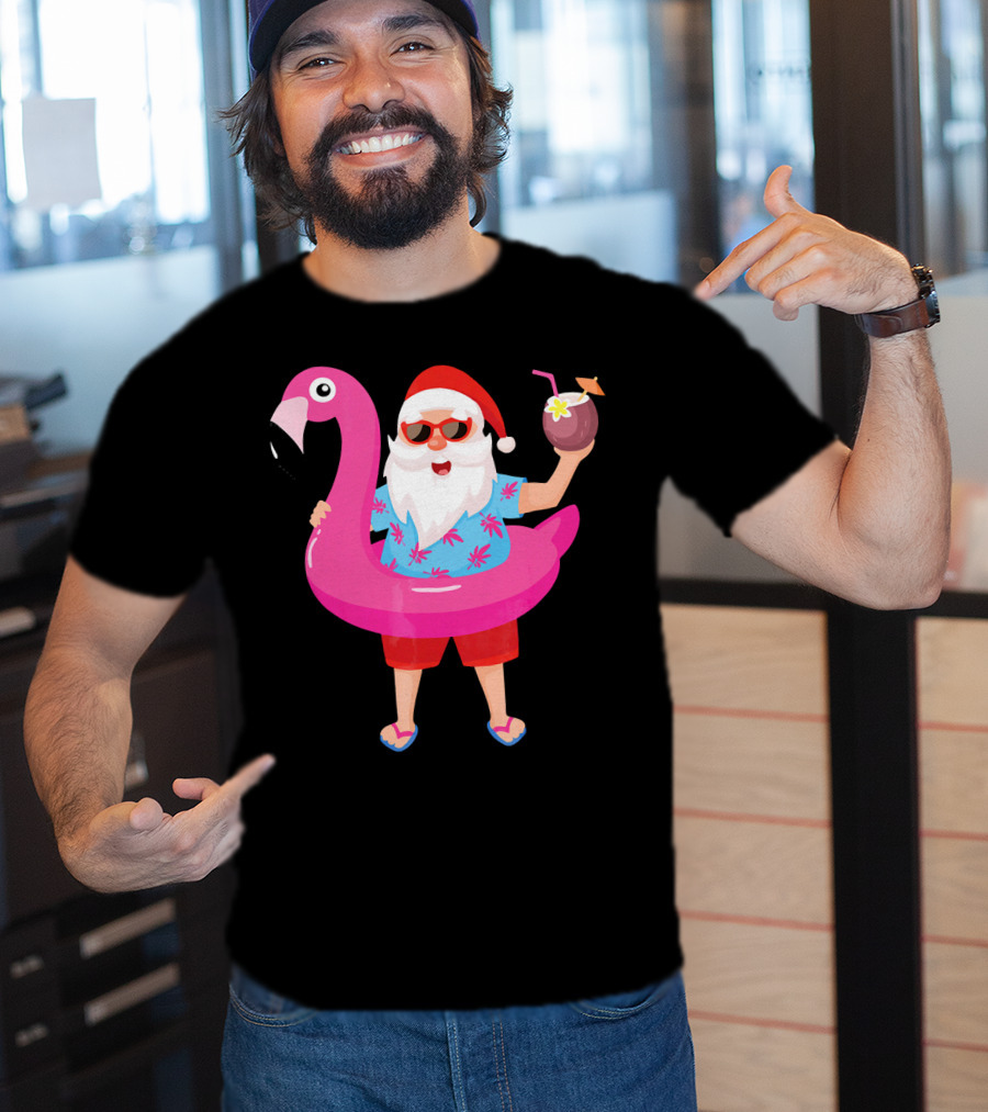 Funny Santa Claus With Flamingo And Tropical Drink T-Shirt