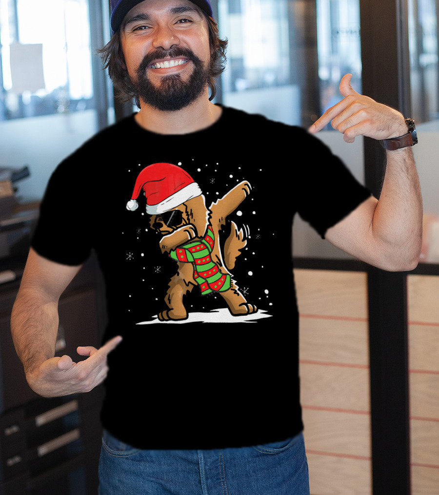 Dabbing Goldendoodle Santa With Red Hat And Christmas Scarf T-Shirt