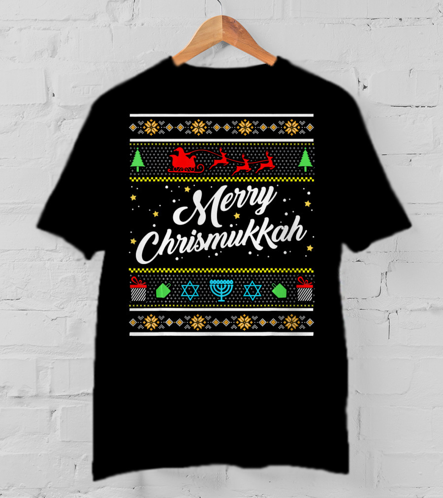 Merry Chrismukkah Santa Sleigh Menorah Stars Trees Snowflakes T-Shirt