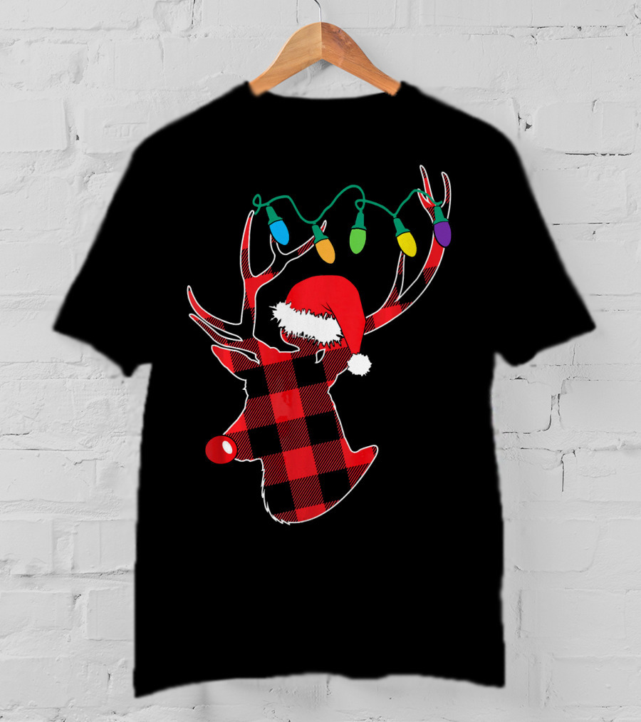 Christmas Deer Santa Hat Buffalo Plaid String Lights T-Shirt