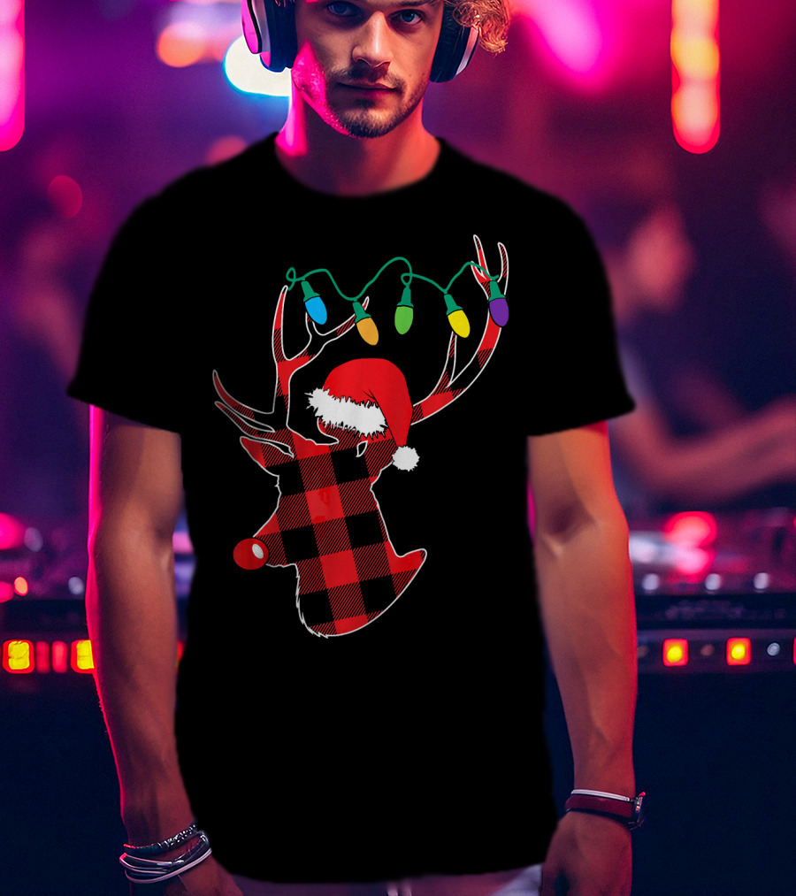 Christmas Deer Santa Hat Buffalo Plaid String Lights T-Shirt