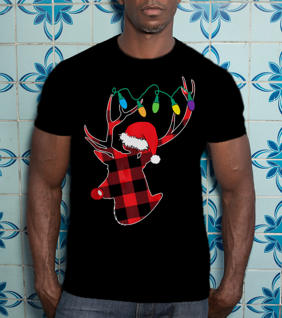 Christmas Deer Santa Hat Buffalo Plaid String Lights T-Shirt