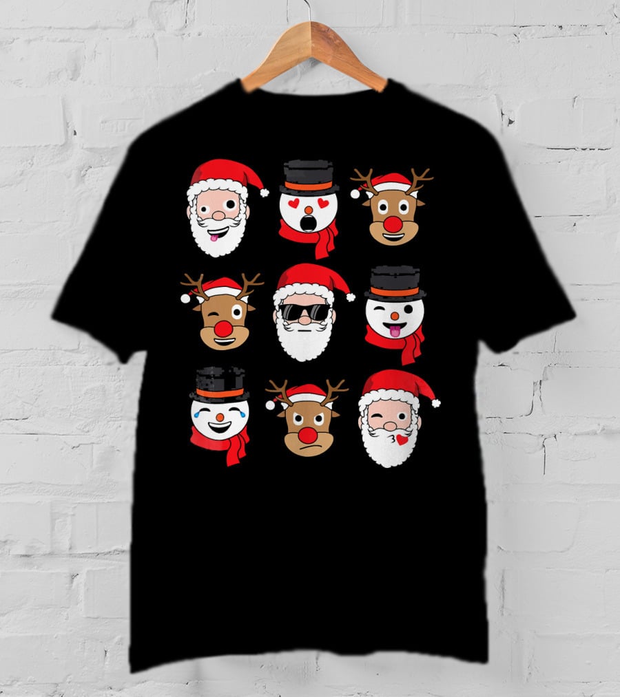 Santa Claus Emoji Faces With Reindeer And Snowman Expressions T-Shirt