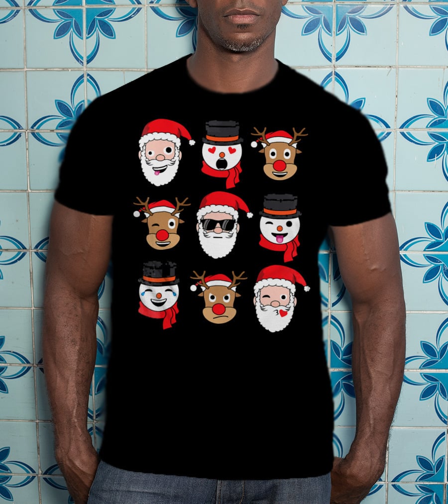 Santa Claus Emoji Faces With Reindeer And Snowman Expressions T-Shirt