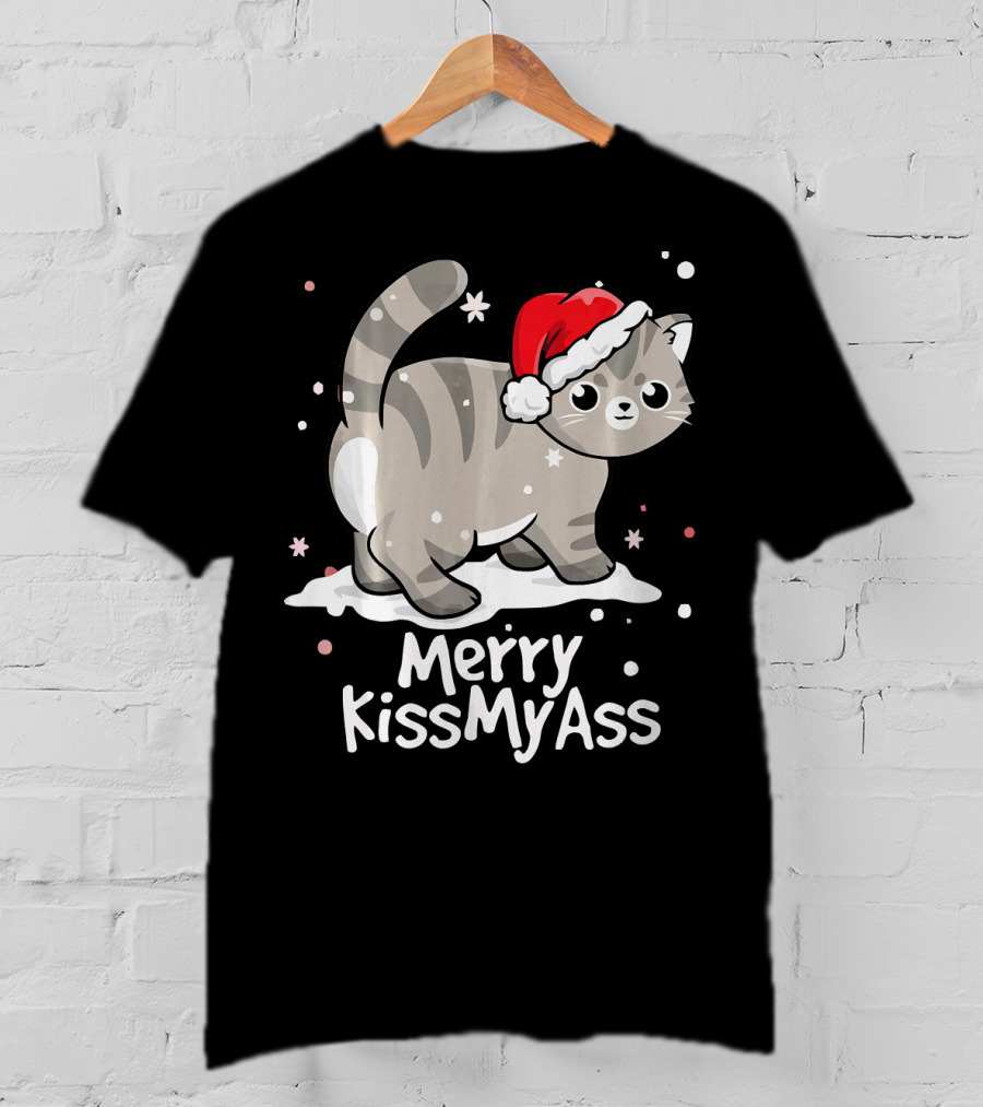 Merry KissMyAss Cat With Santa Hat In Snowflakes T-Shirt