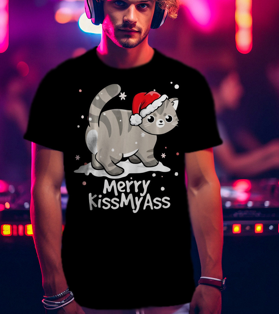Merry KissMyAss Cat With Santa Hat In Snowflakes T-Shirt