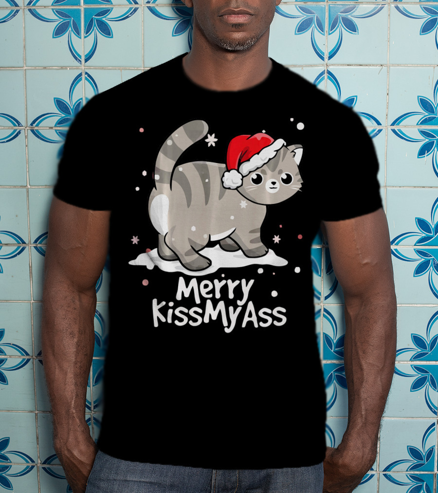 Merry KissMyAss Cat With Santa Hat In Snowflakes T-Shirt