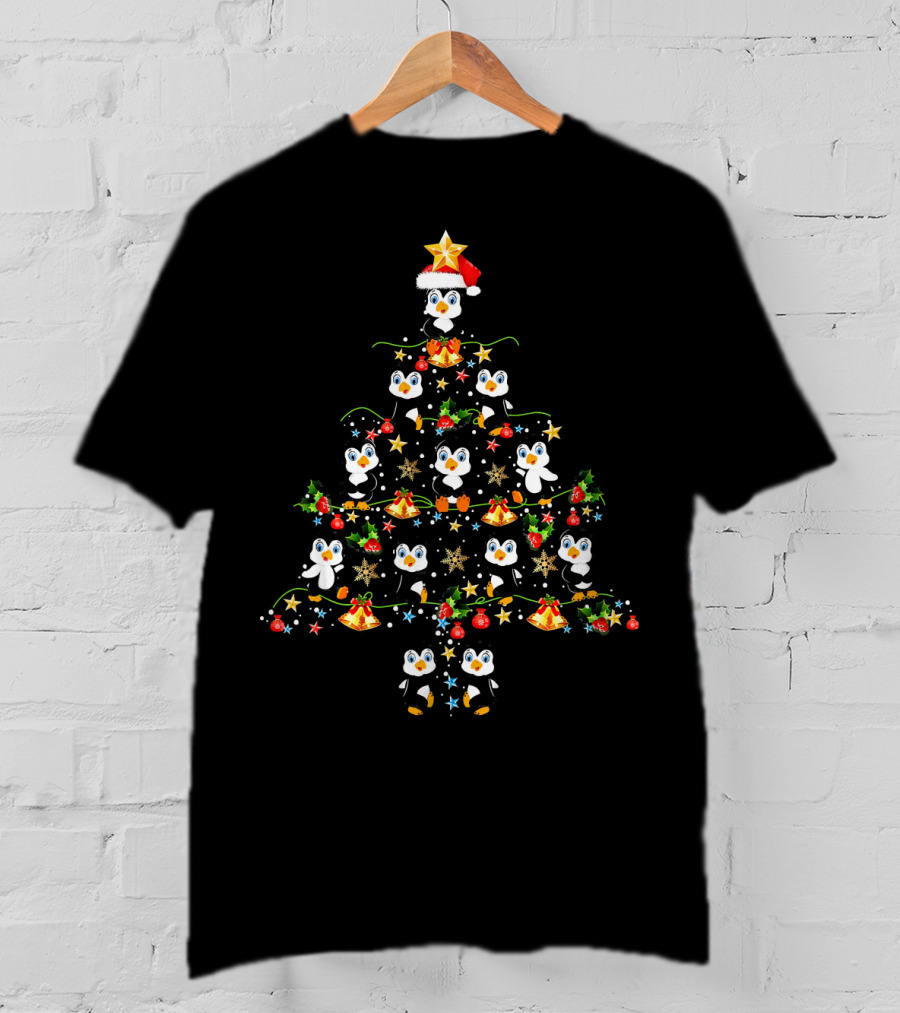 Penguin Christmas Tree Merry Holiday Penguins Santa Hat Ornaments Star Garland T-Shirt