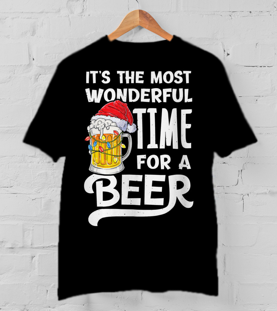 It's The Most Wonderful Time For A Beer With Santa Hat And Holiday Lights T-Shirt