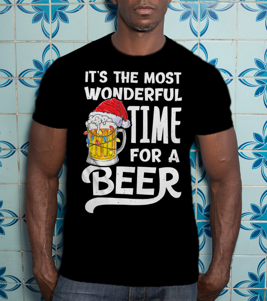 It's The Most Wonderful Time For A Beer With Santa Hat And Holiday Lights T-Shirt