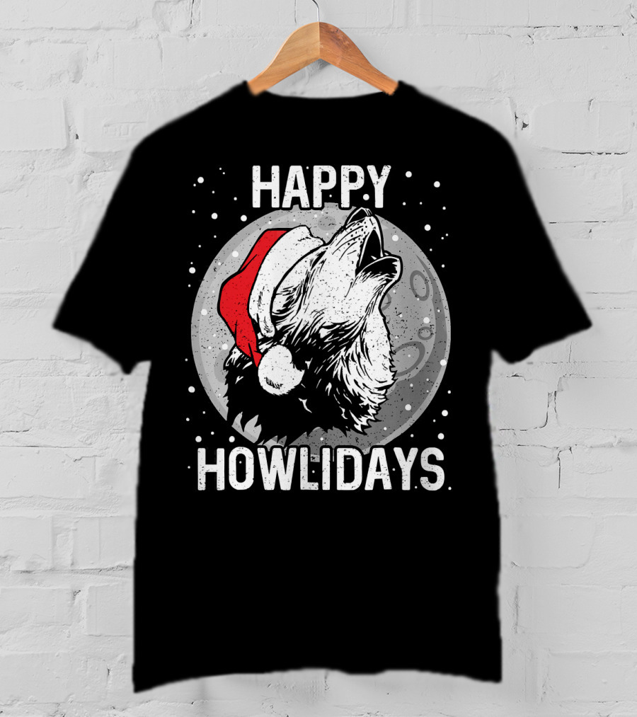 Happy Howlidays Christmas Wolf Santa Hat Moon T-Shirt