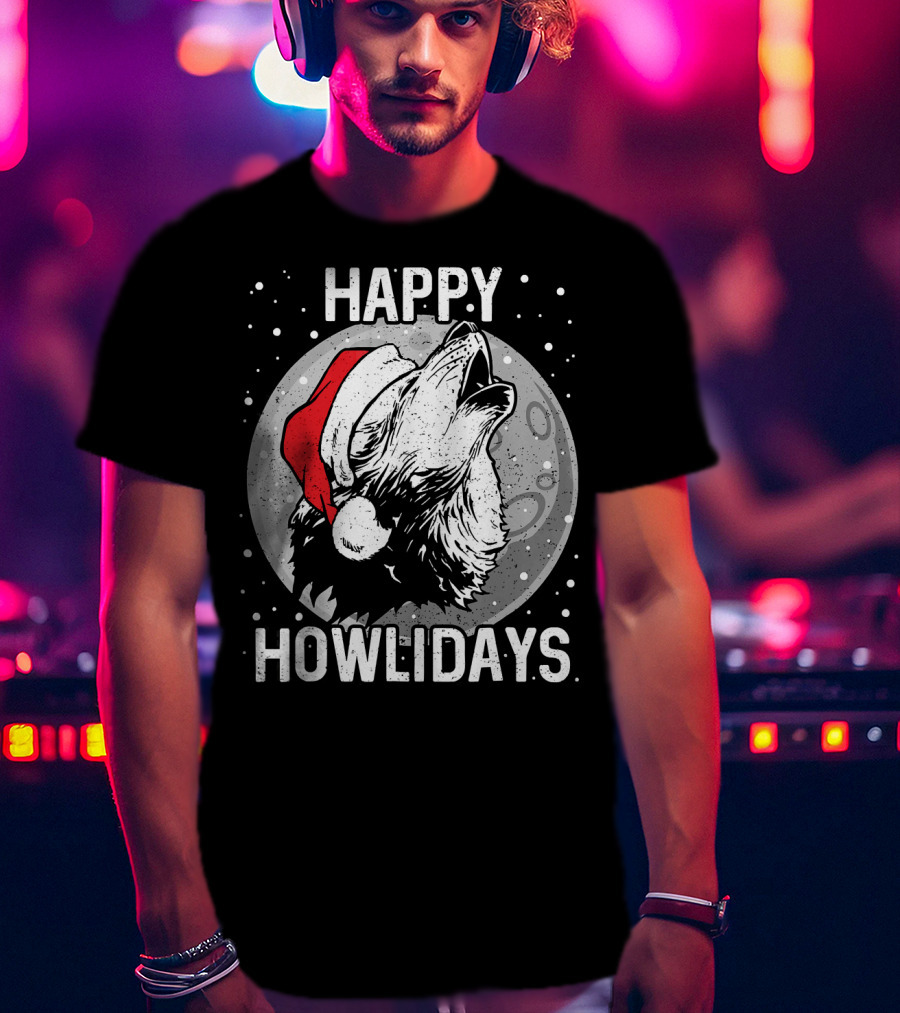 Happy Howlidays Christmas Wolf Santa Hat Moon T-Shirt