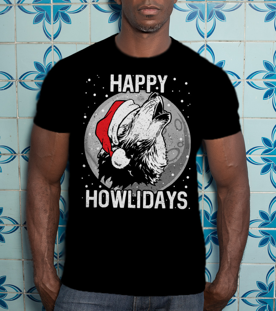 Happy Howlidays Christmas Wolf Santa Hat Moon T-Shirt