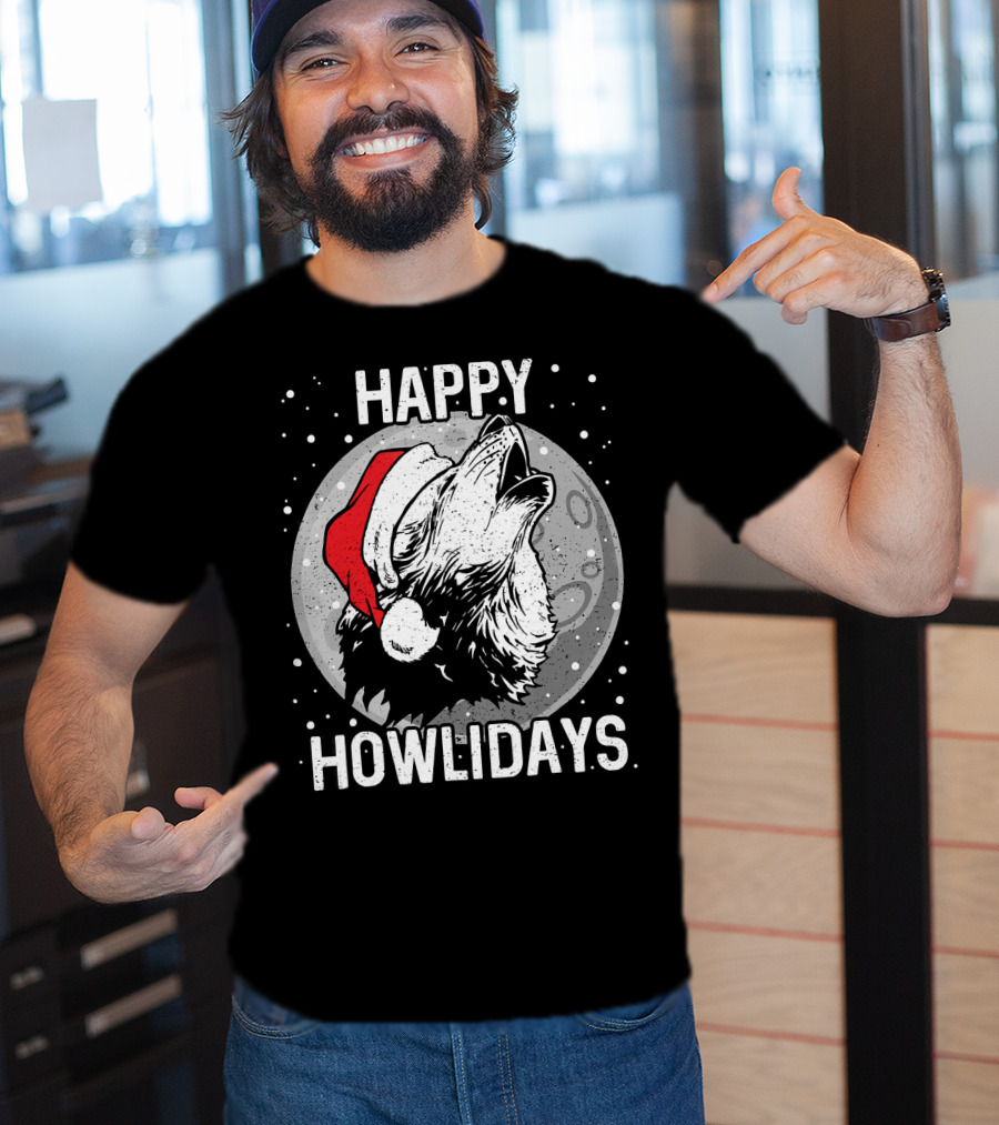 Happy Howlidays Christmas Wolf Santa Hat Moon T-Shirt
