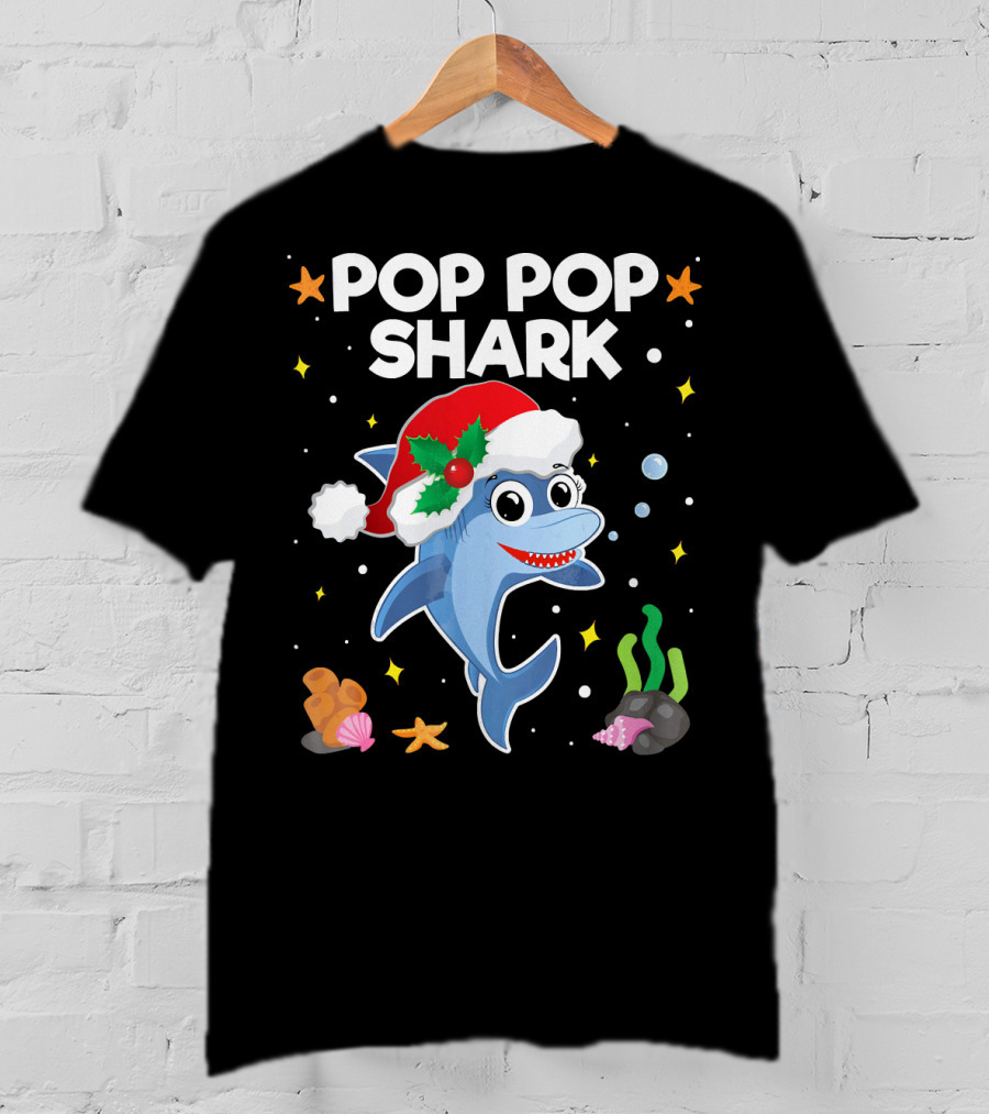 Pop Pop Shark Santa Christmas Grandpa Grandma Ocean T-Shirt