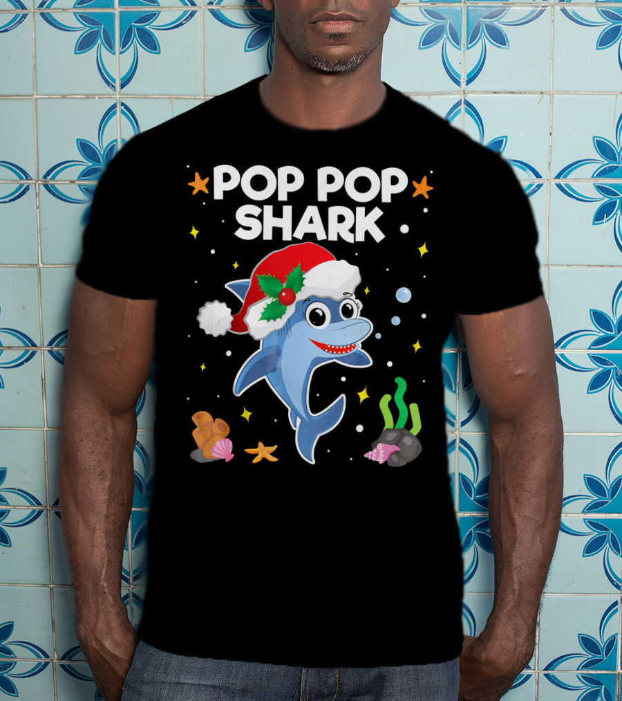 Pop Pop Shark Santa Christmas Grandpa Grandma Ocean T-Shirt