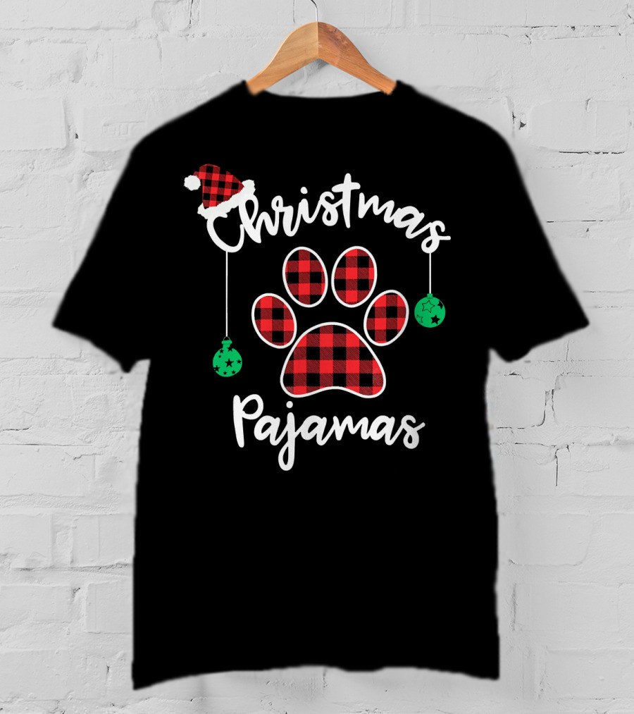 Christmas Pajamas Buffalo Plaid Santa Hat Paw Prints T-Shirt