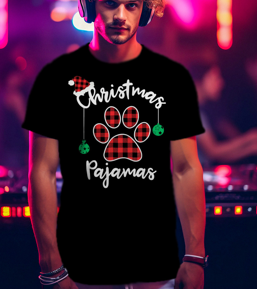 Christmas Pajamas Buffalo Plaid Santa Hat Paw Prints T-Shirt